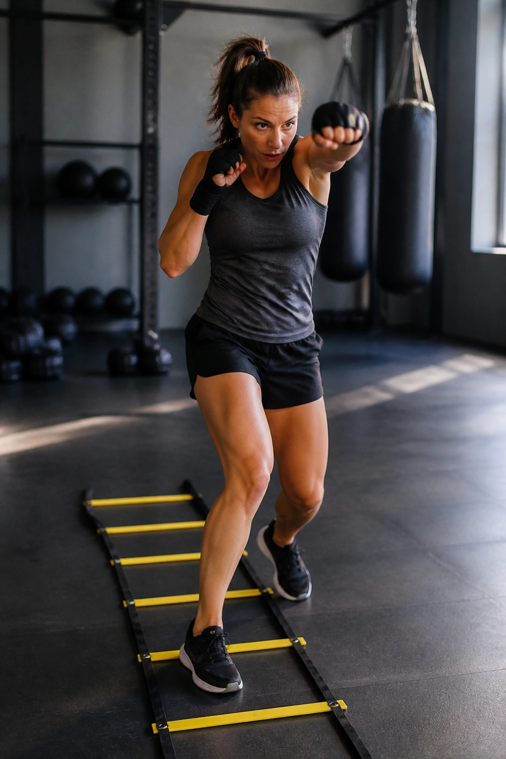 Athlete performing agility ladder drill with punches in a gym.