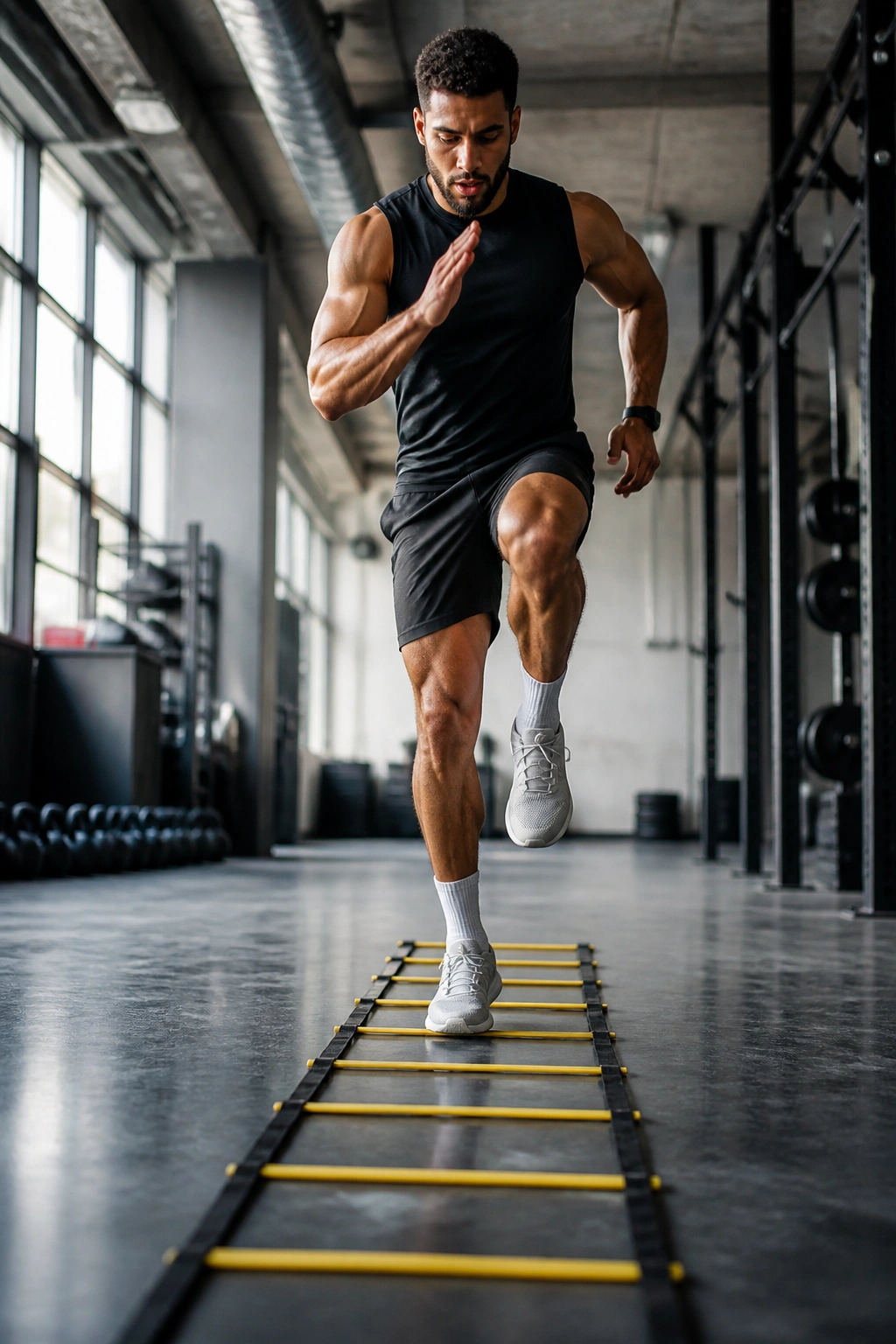 Athlete sprinting with agility ladder on gym floor