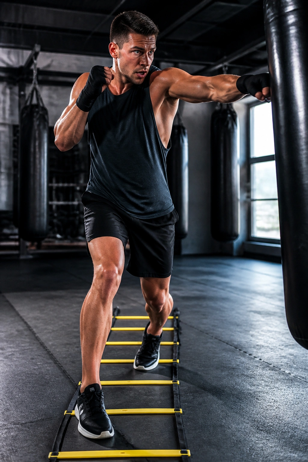 Kickboxer using an agility ladder and striking sequence in a gym.