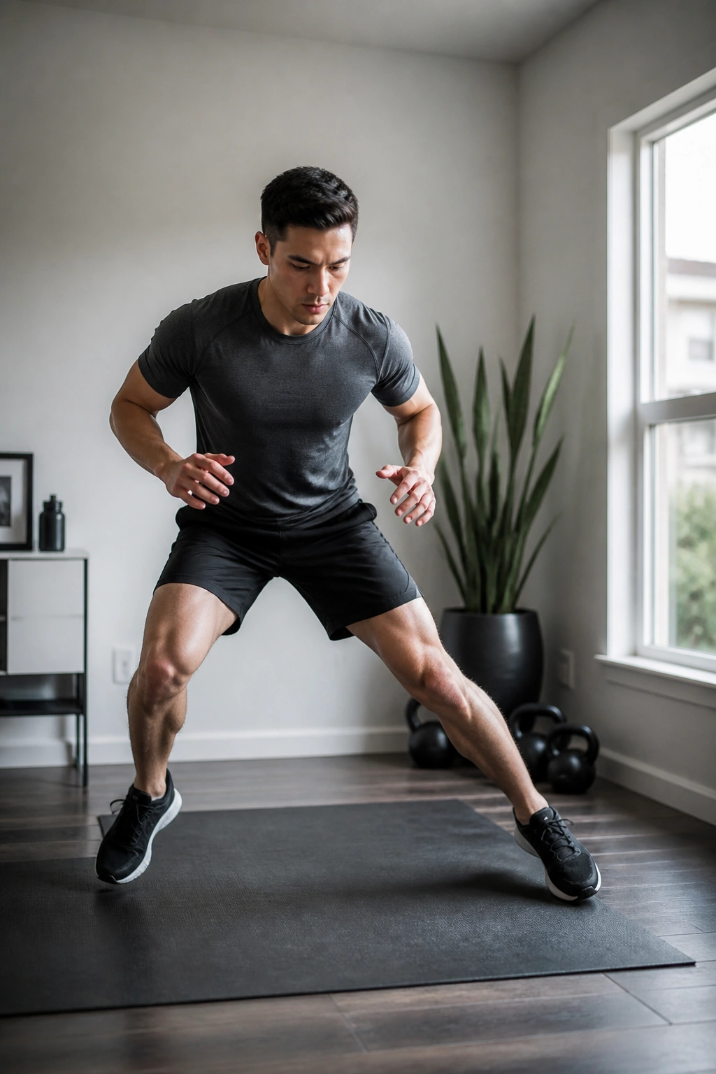 Person performing lateral shuffle in a small indoor space