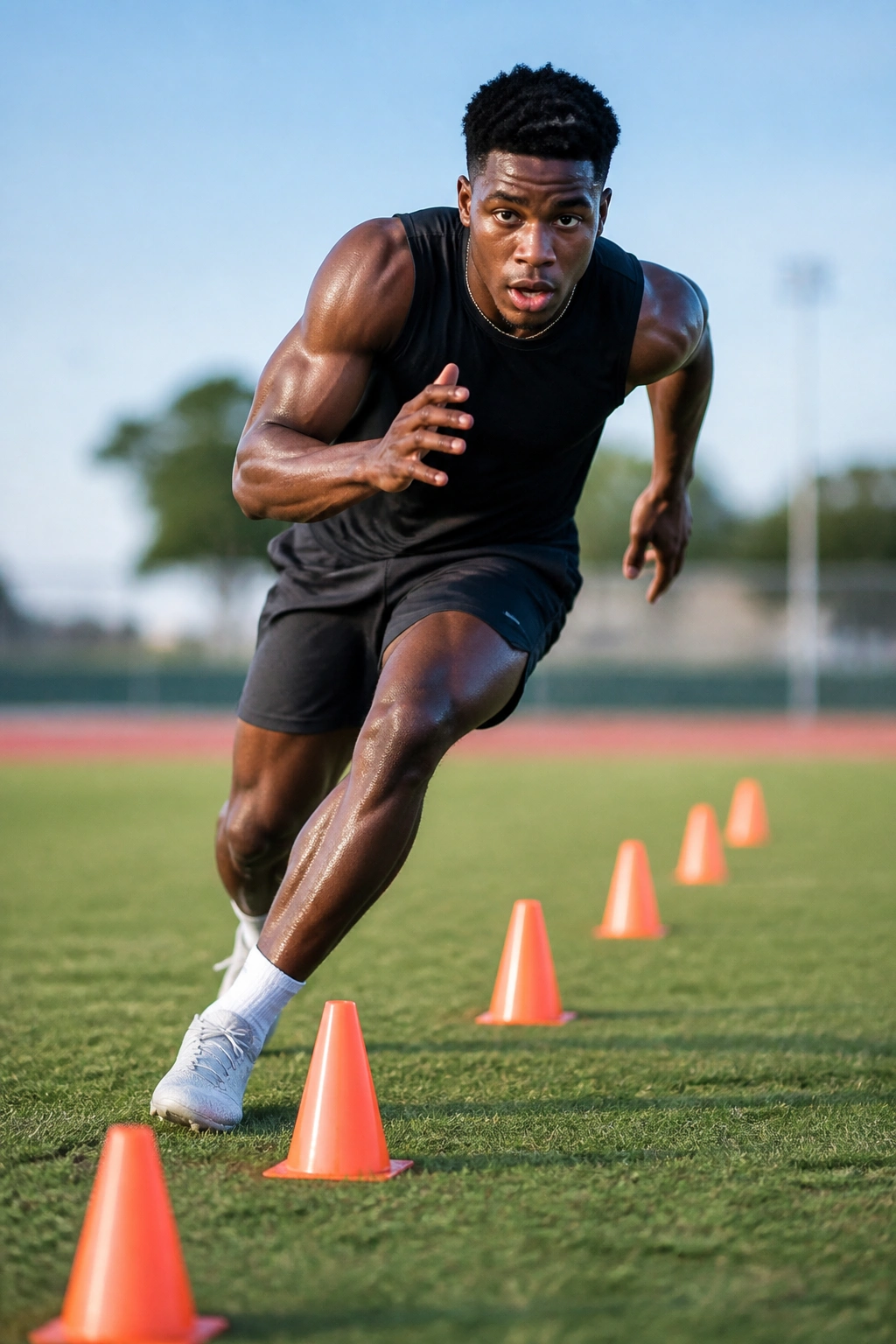 Athlete sprinting between cones on an outdoor field
