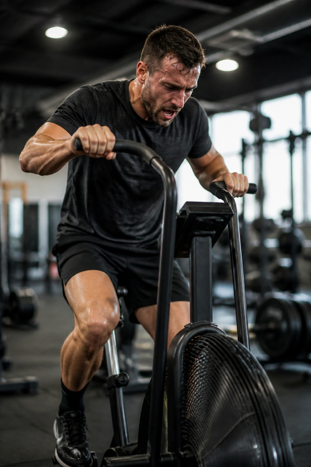 Athlete on an air bike performing high-intensity intervals in gym