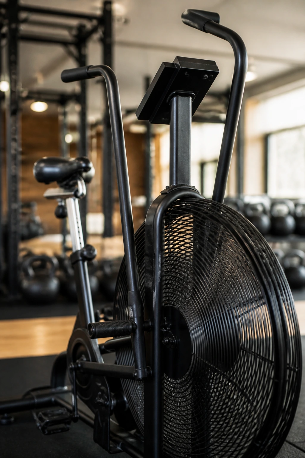 Close-up of air bike dominating the gym frame with visible fan blades