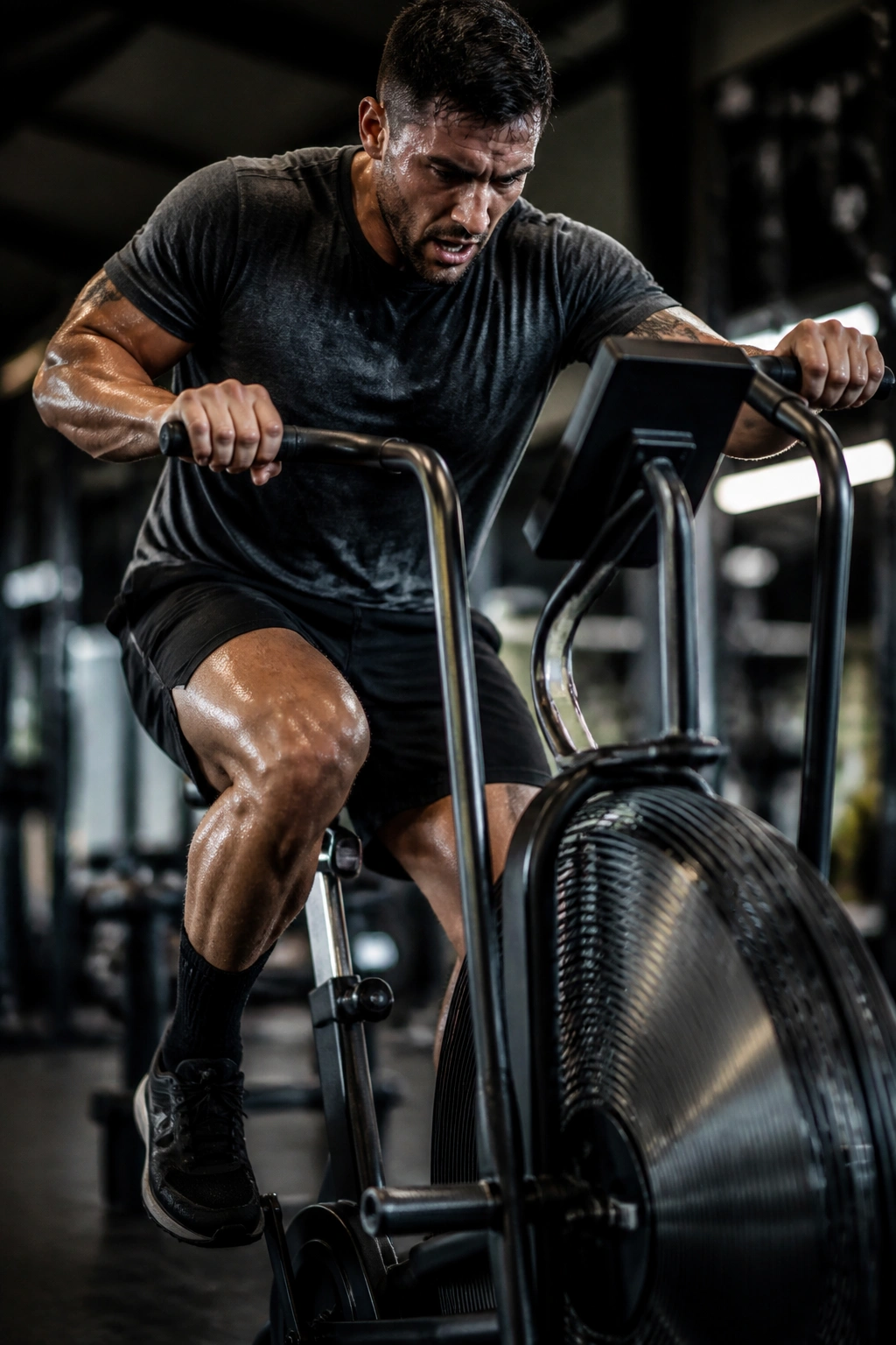 Athlete on air bike mid-sprint in gym