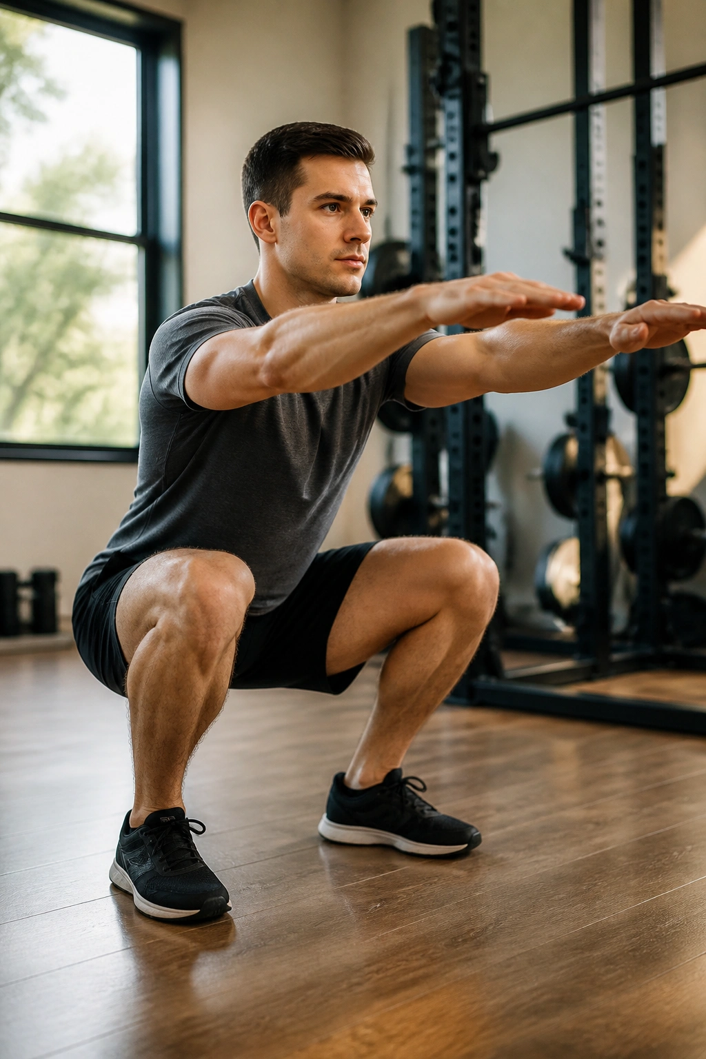 Close-up of a person performing a standard air squat with knees tracking over toes