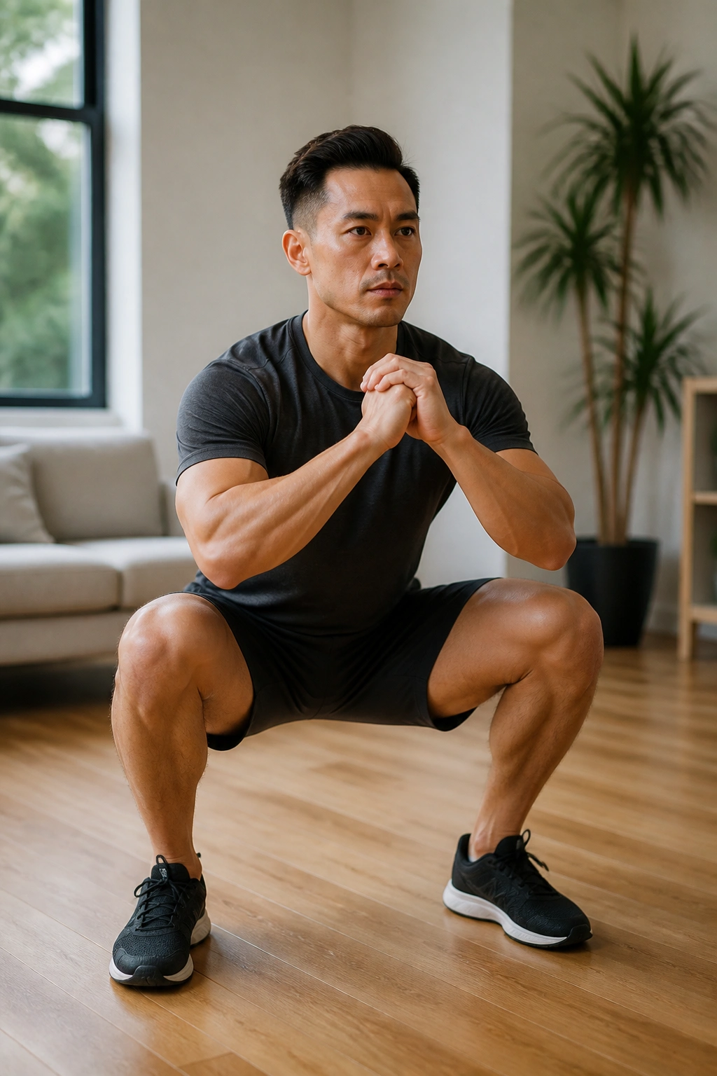 Real person performing an air squat as part of a home finisher