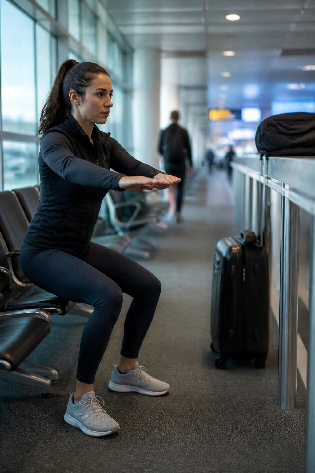 Person doing chair squats and calf raises at an airport gate