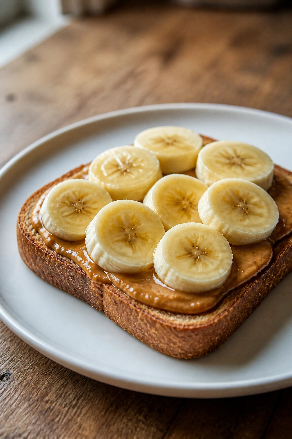Close-up of almond butter and banana toast on plate in warm kitchen light