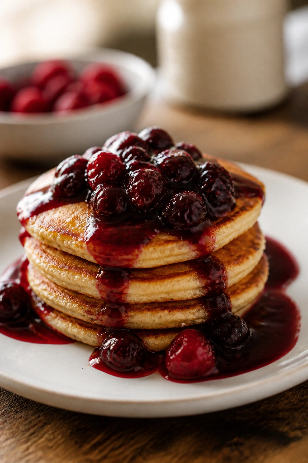 Stack of almond flour pancakes with berry compote