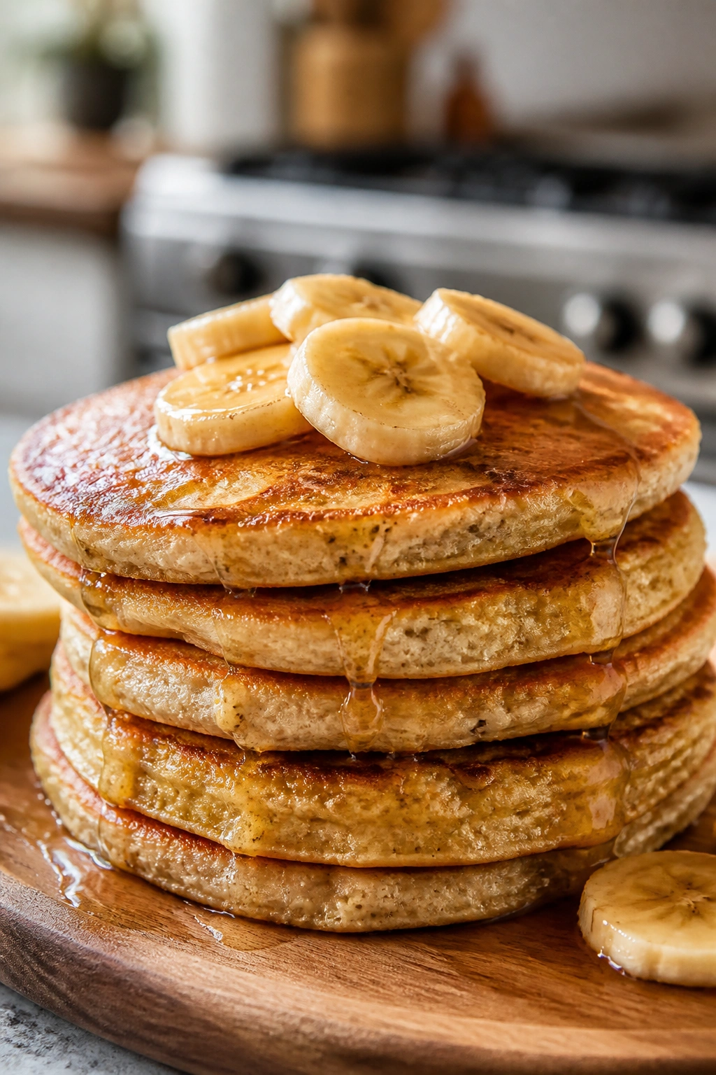 Close-up of fluffy almond flour banana pancakes stacked on a wooden plate.