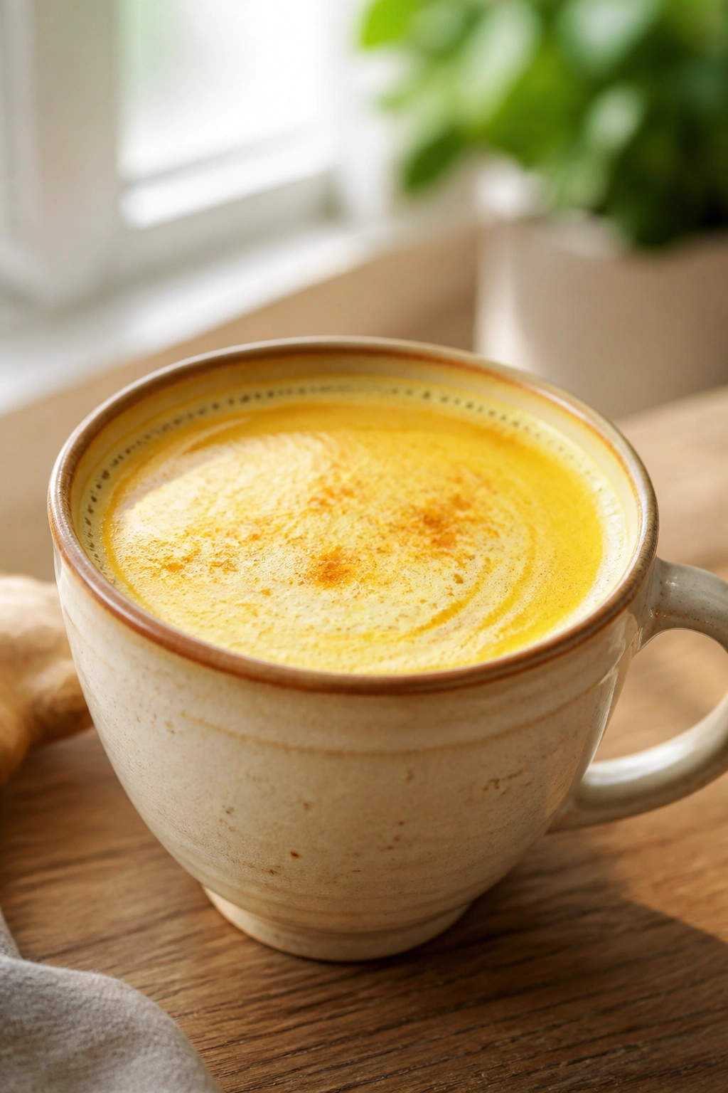Golden almond milk tea latte in a mug with warm light