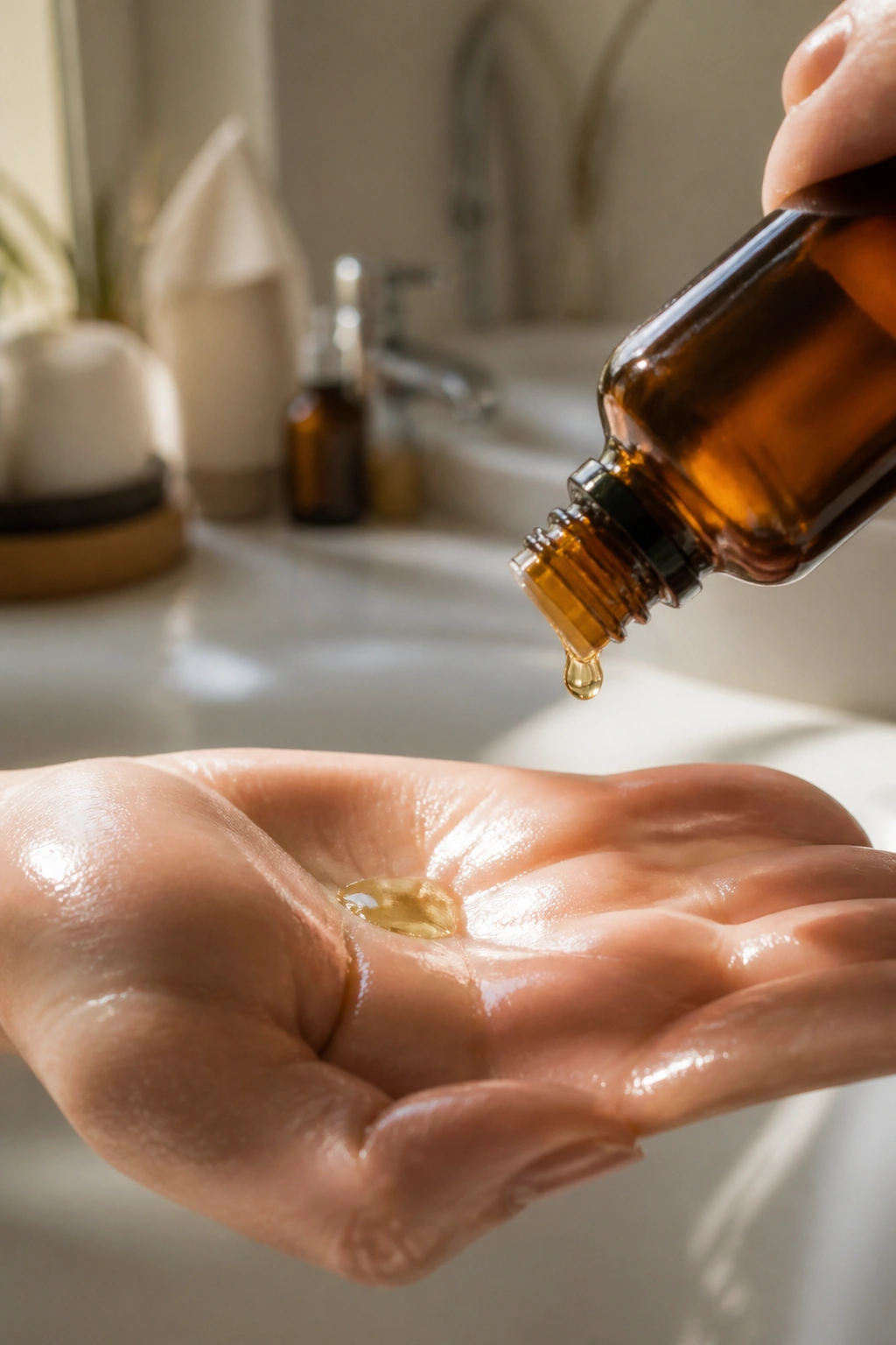 Close-up of unlabeled amber bottle with almond oil drops on a damp palm in a softly lit bathroom