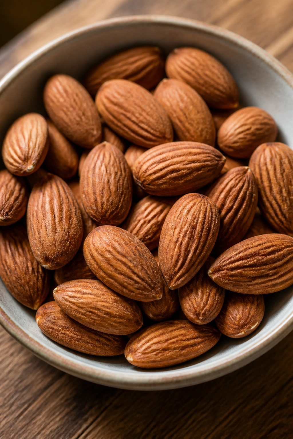 Close-up of a 1-ounce almond portion in a small dish on a wooden counter