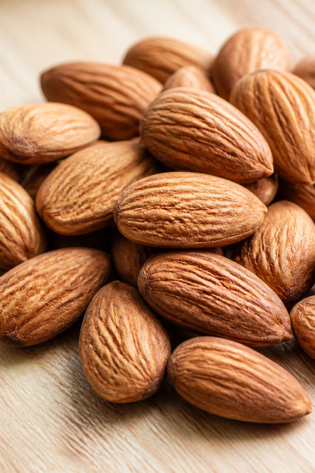 Close-up of a pile of almonds on a wooden surface