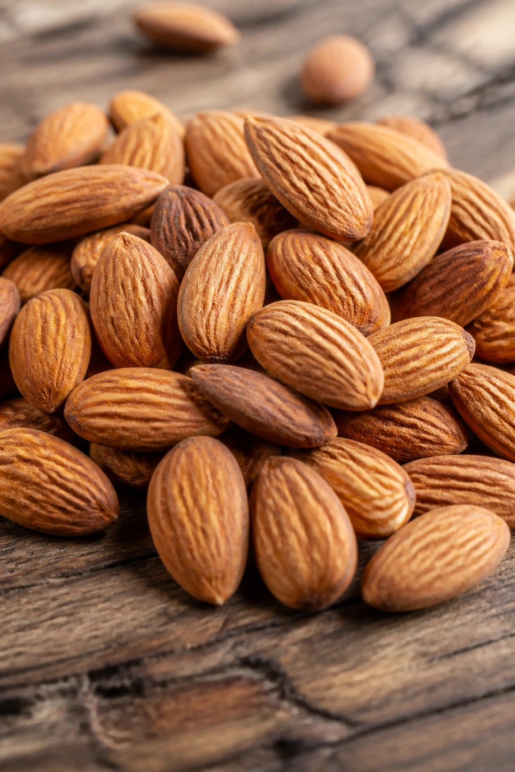 Close-up of raw almonds piled on a wooden surface