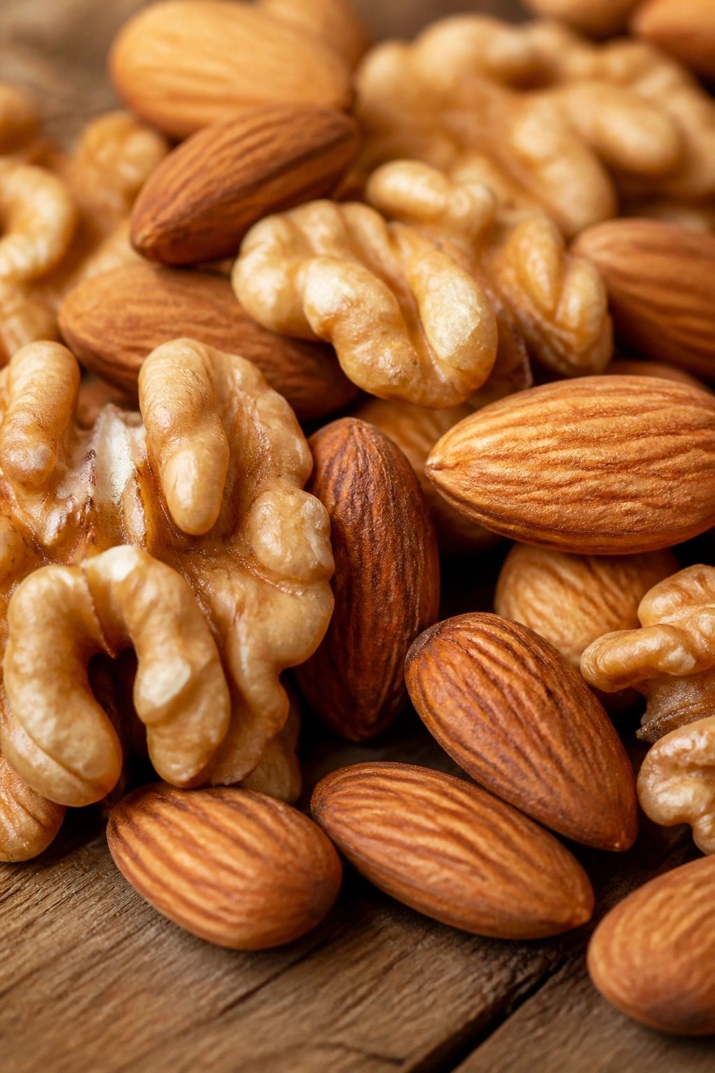 Close-up of almonds and walnut halves filling a wooden surface