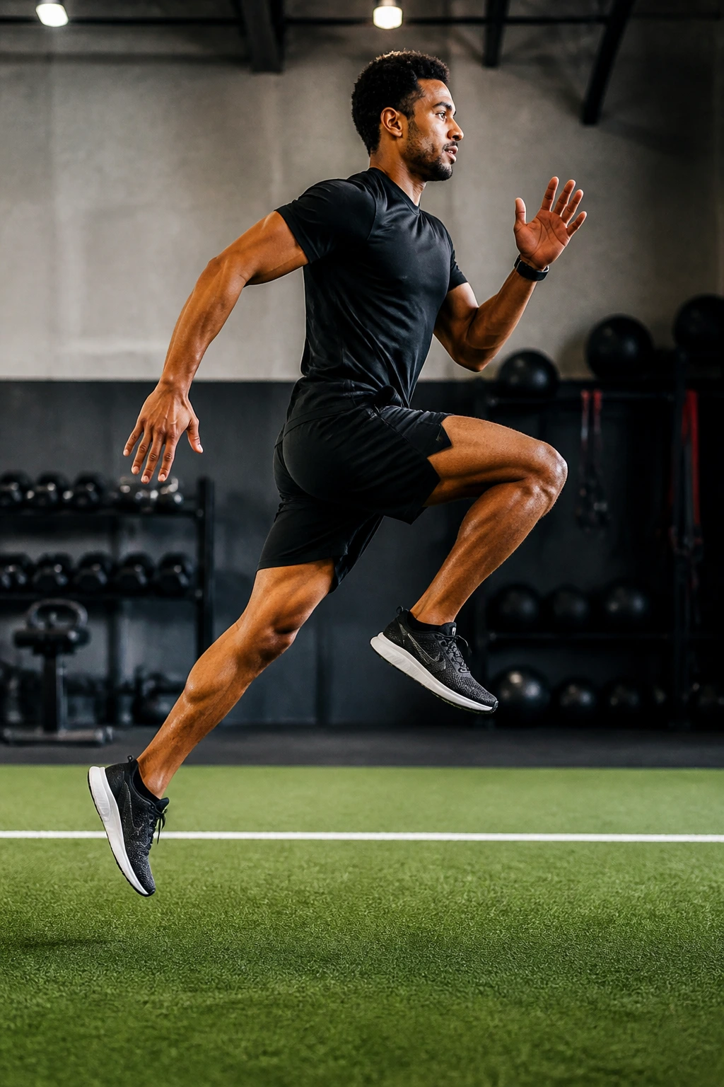 Athlete performing alternating bounds with forward motion in a gym/turf setting.