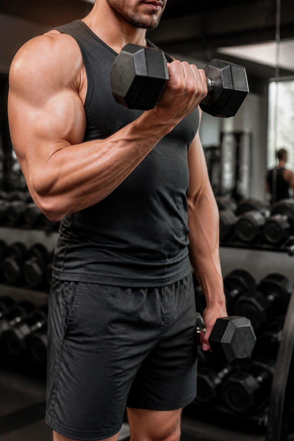 Close-up of one arm curling a dumbbell in gym, other arm resting at thigh