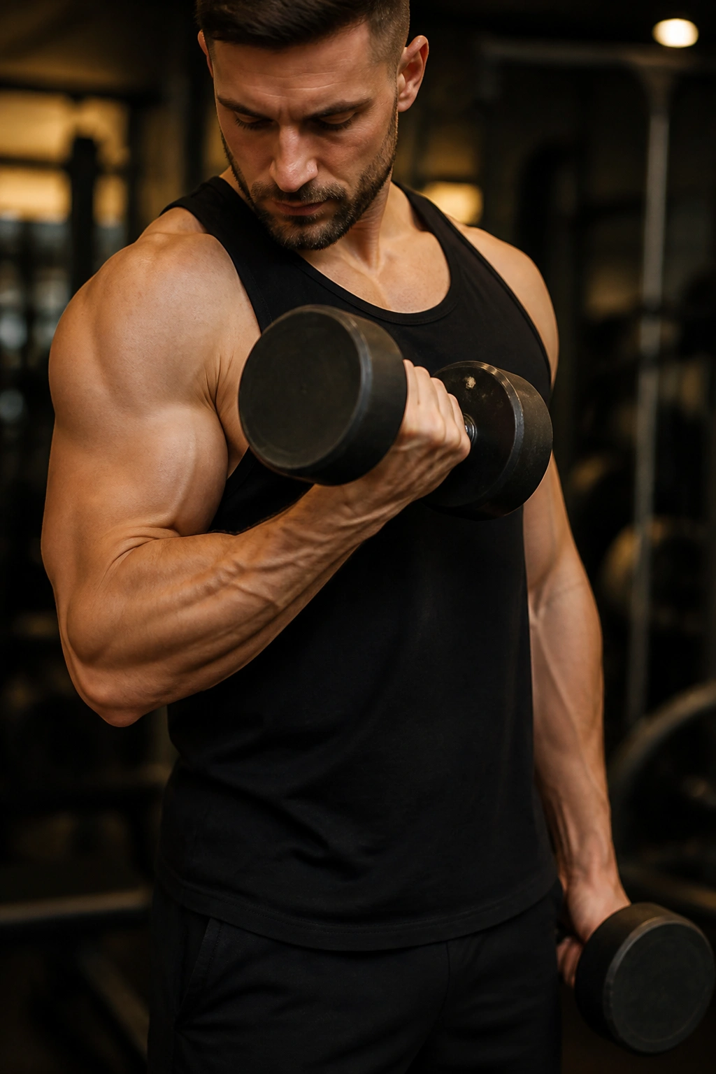 Close-up of alternating dumbbell curl in a gym, highlighting flexed biceps and forearm