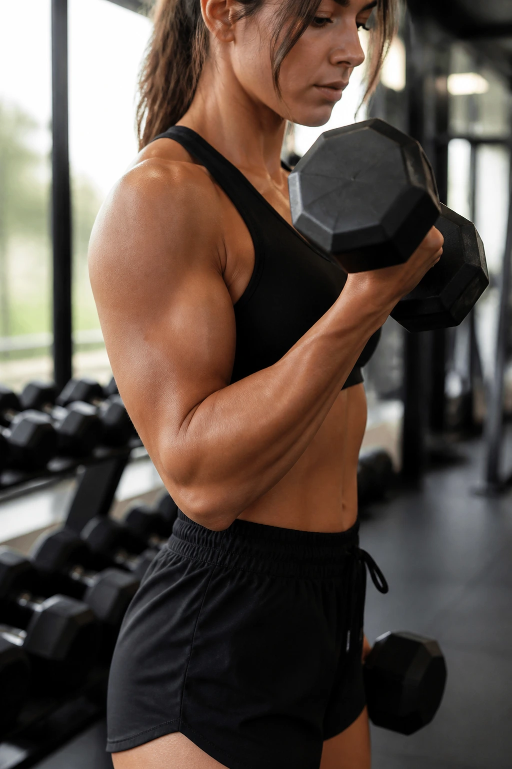 Close-up of trained arm performing alternating dumbbell curl in a gym, elbow tucked and palm forward