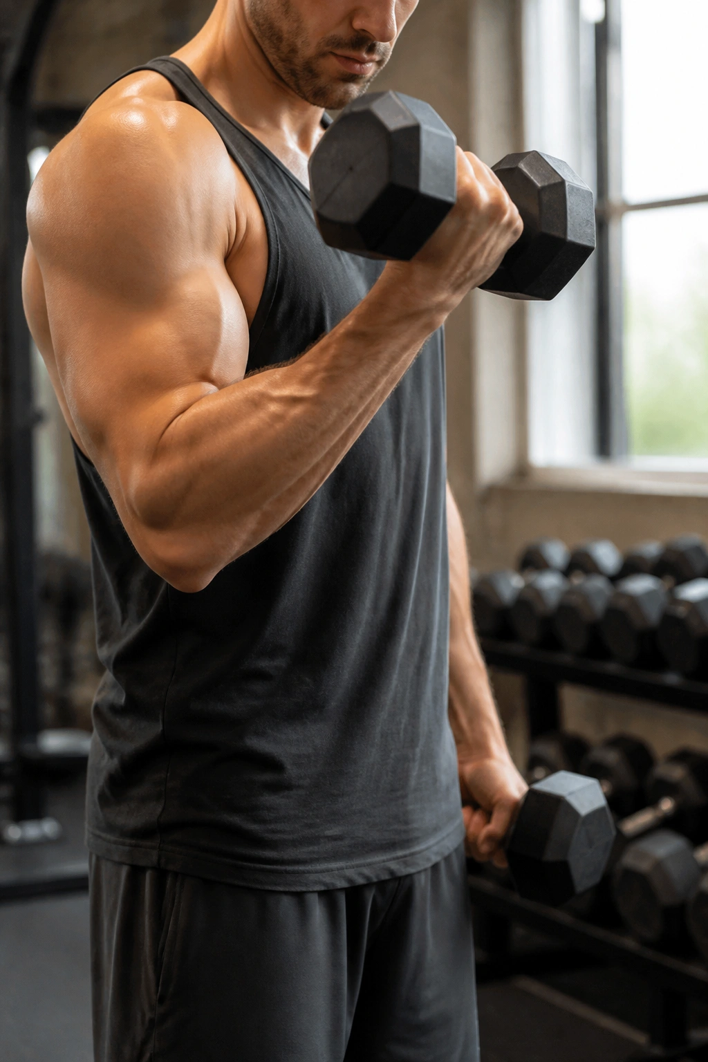 Close-up of arms performing alternating dumbbell curls in a gym, focusing on biceps and forearms.