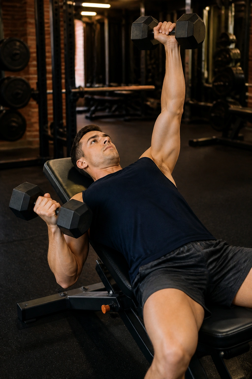 Medium shot of lifter performing alternating dumbbell press with anti-rotation
