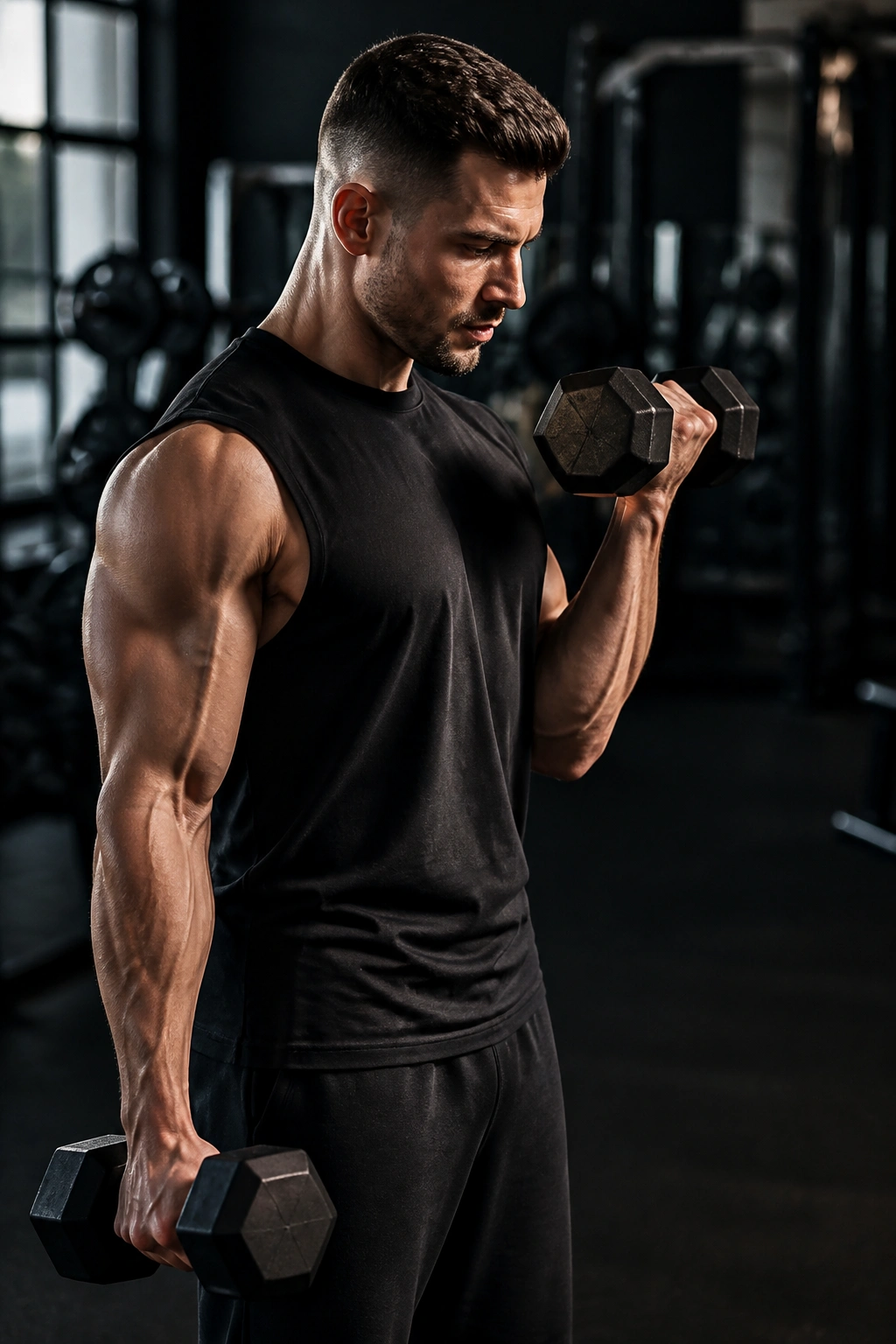 Lifter alternating arms: one isometric hold while the other curls in a gym