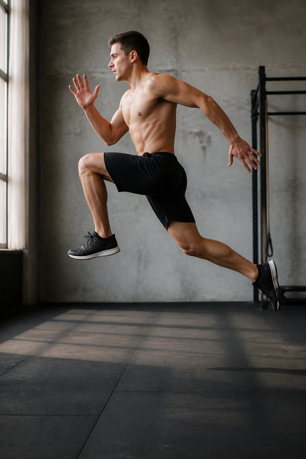 Athlete performing alternating jump lunges in pyramid training on gym floor