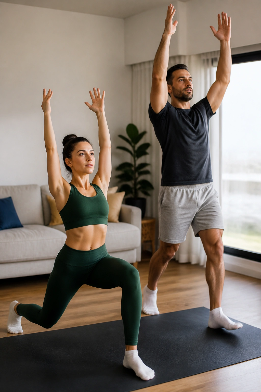 Couple performing alternating lunges with overhead reach in a home setting