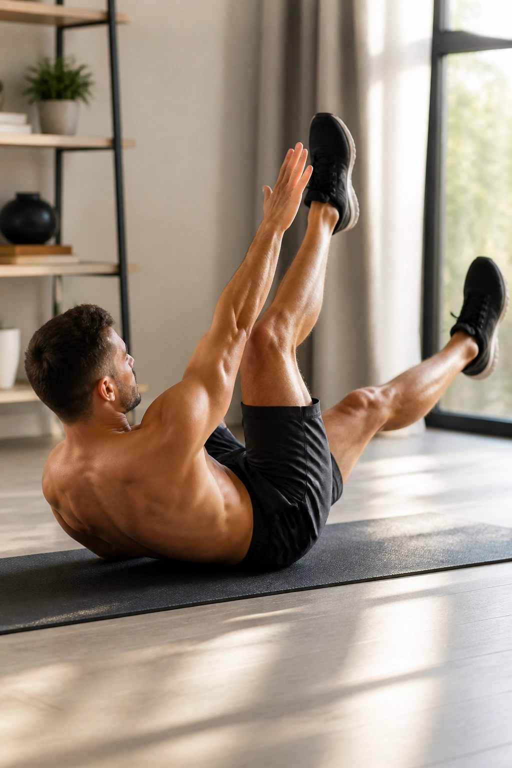 Person performing alternating toe taps from a supine position, engaging obliques