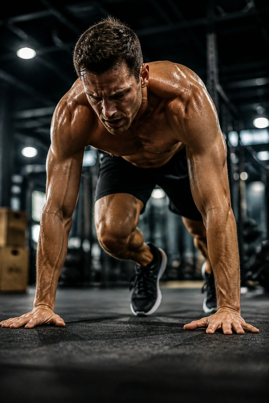 Close-up of an athlete pushing through a fast burpee sequence for AMRAP in a gym
