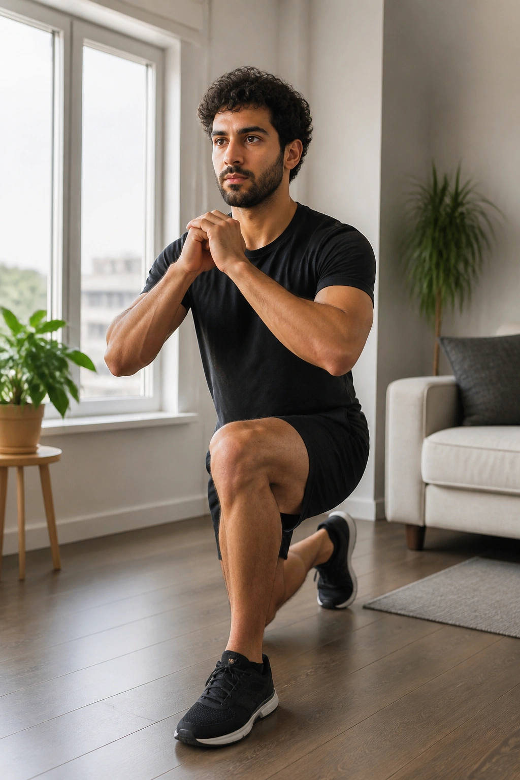 Person performing bodyweight movements in a small apartment during an AMRAP
