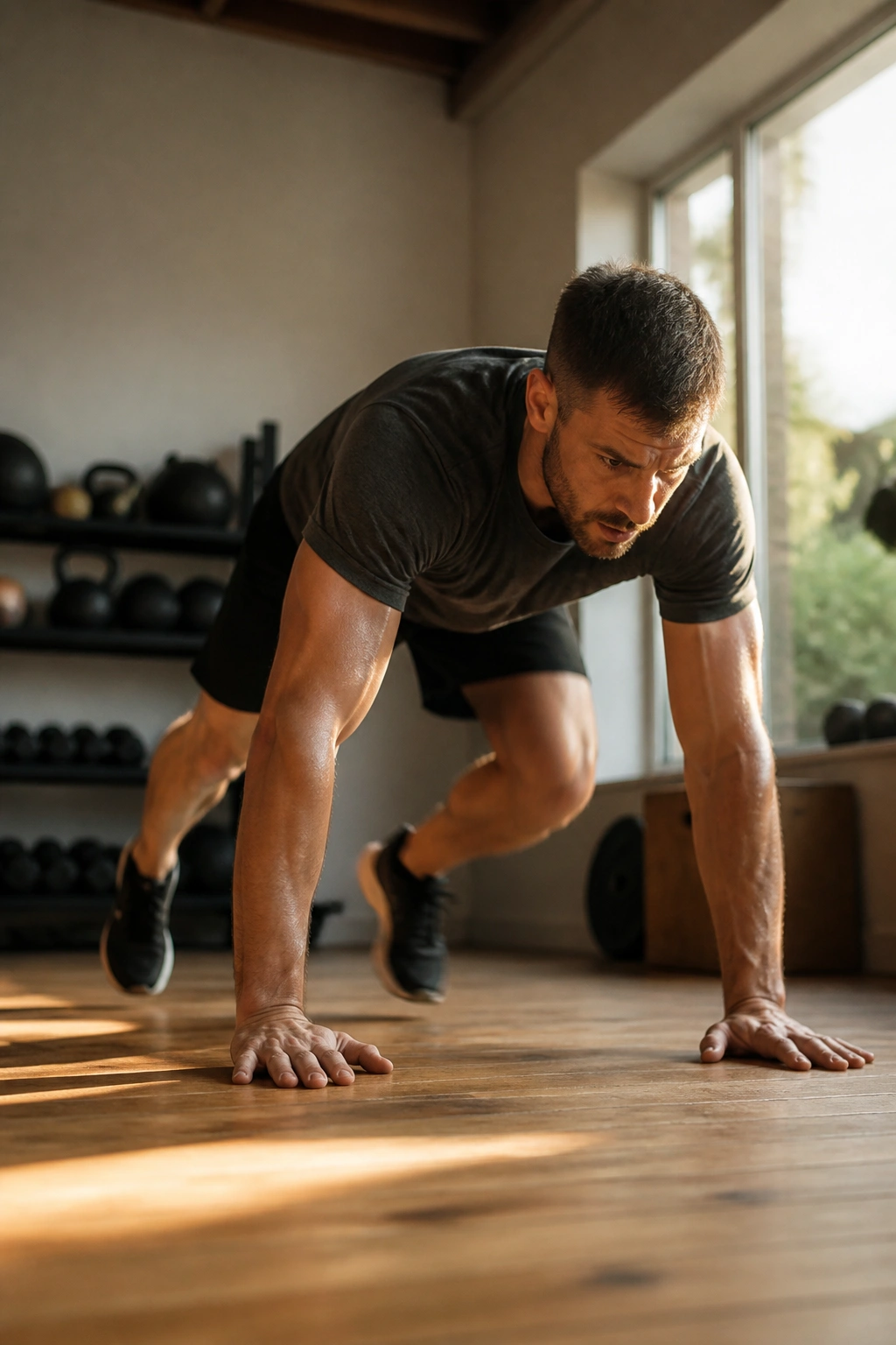 Real person performing a burpee in a home gym setting, dynamic movement for an AMRAP workout