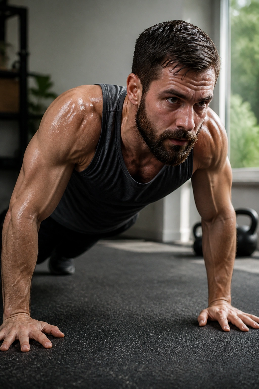 Athlete performing a fast-paced bodyweight circuit in a compact home gym
