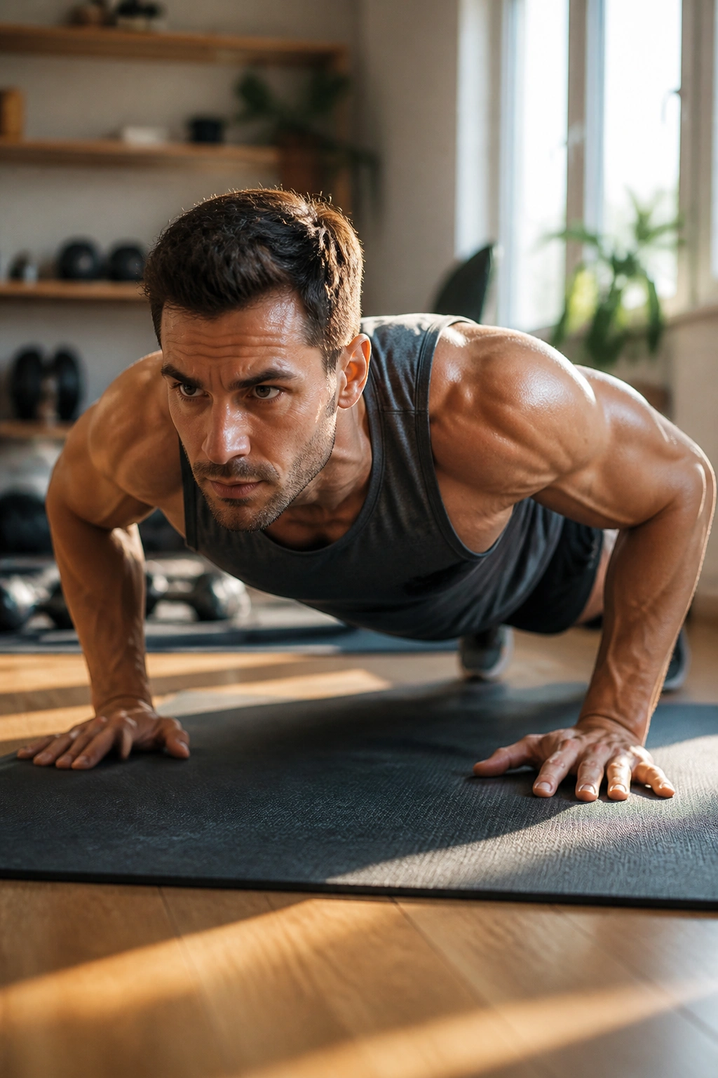 Close-up of a person performing a push-up in a sunlit home gym for fat loss.