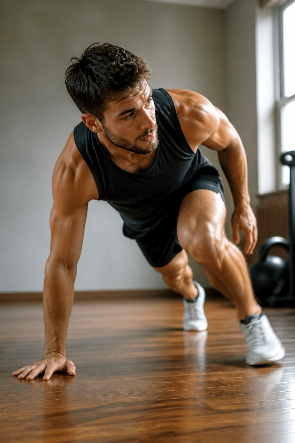 Close-up of a real person transitioning between moves in an AMRAP circuit during a workout.