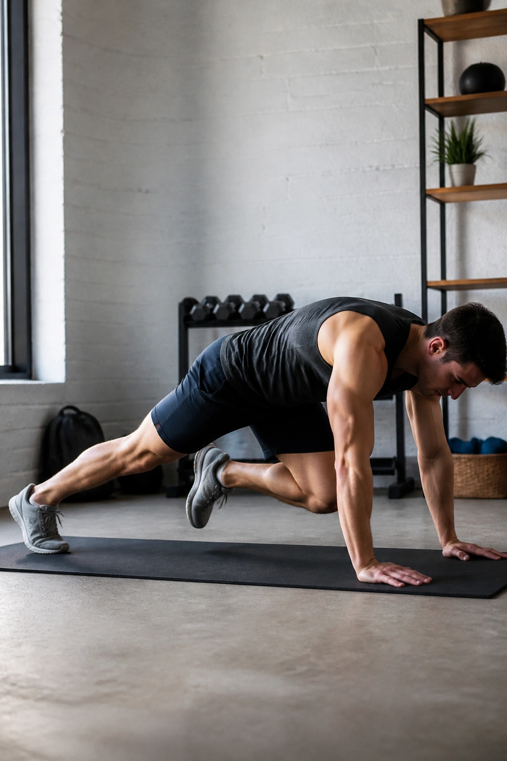Person mid-action during a full-body AMRAP workout on a mat.