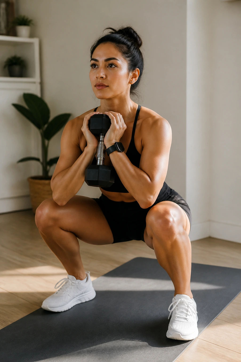Person in goblet squat during AMRAP in a bright home gym
