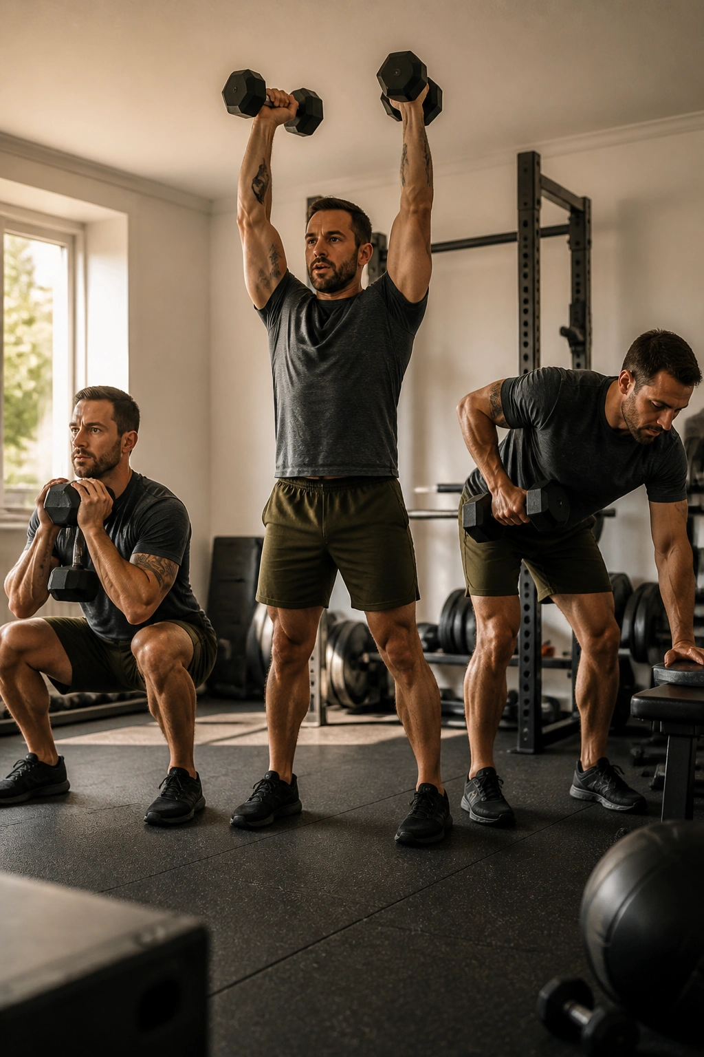 Person performing rapid full-body moves in a home gym for AMRAP