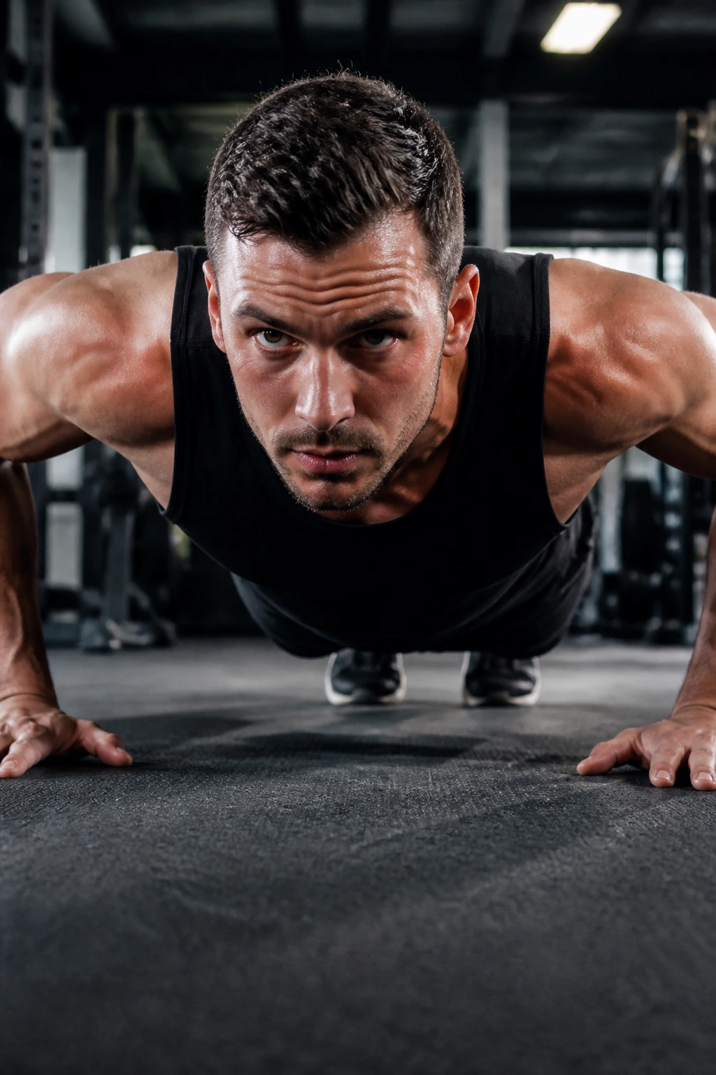 Athlete performing push-up in AMRAP style in gym