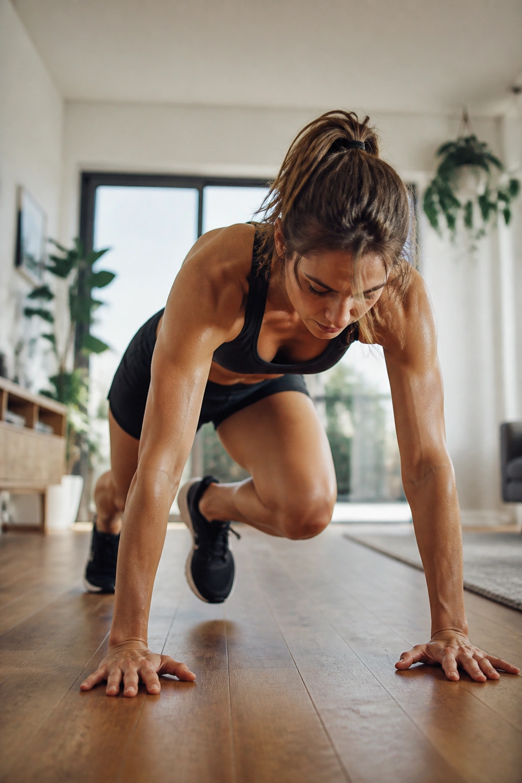 Mid-shot of a person performing mountain climbers for AMRAP at home