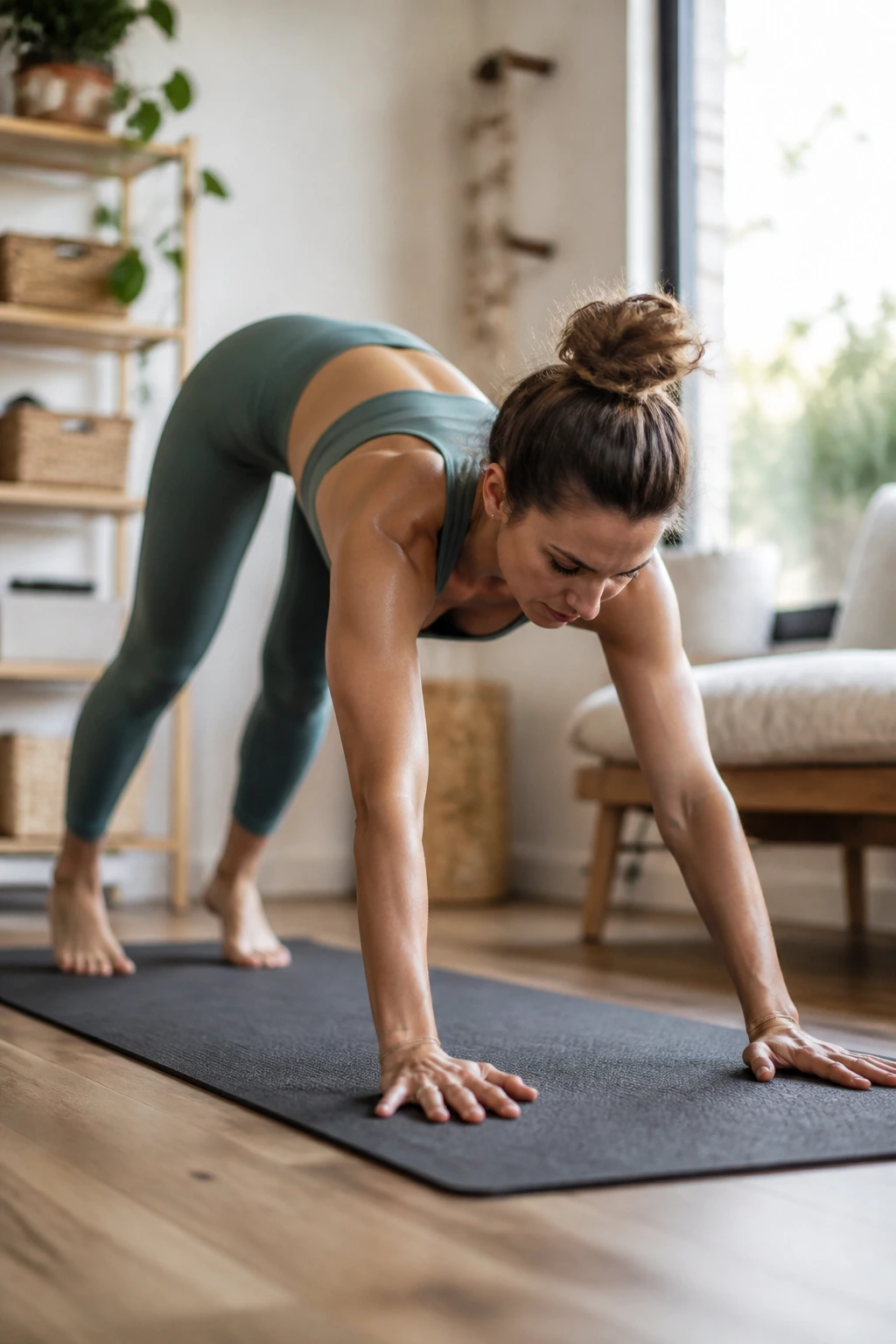 Portrait of a person performing inchworms on a mat in a well-lit home gym