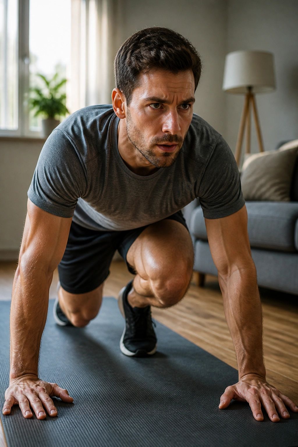 Close-up of a fit person performing the AMRAP ladder workout in a home living room