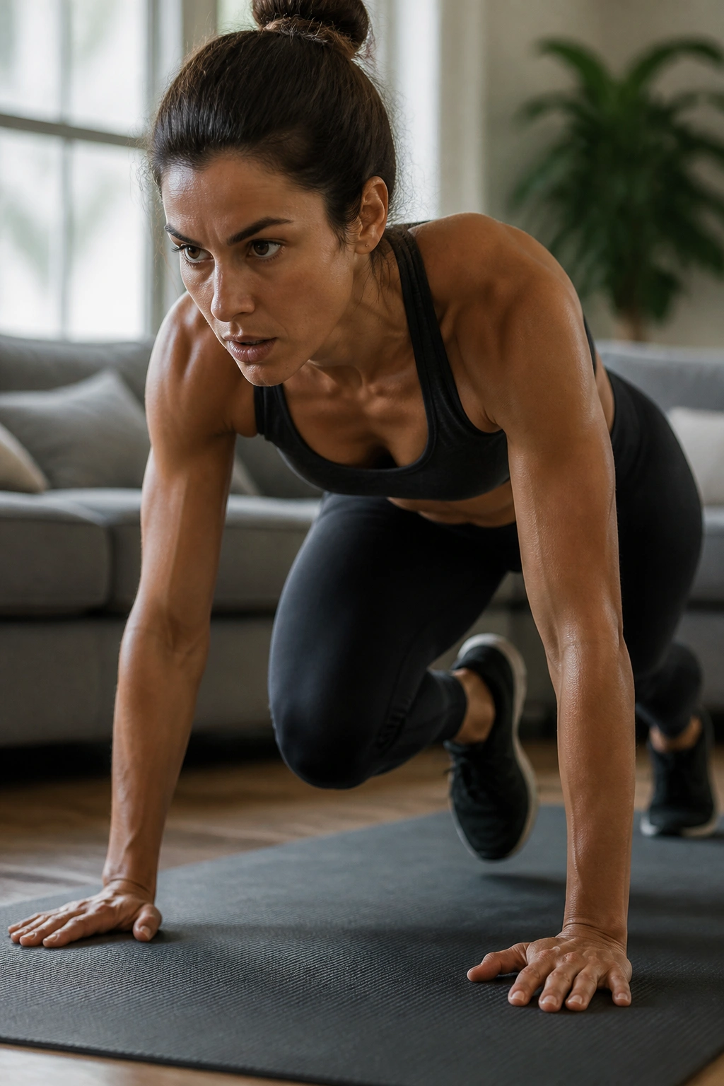 Close-up of a real person doing mountain climbers on a mat in a living room