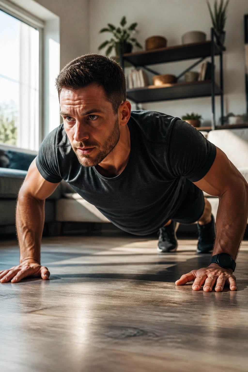 Person performing push-ups in a bright living room during an AMRAP workout