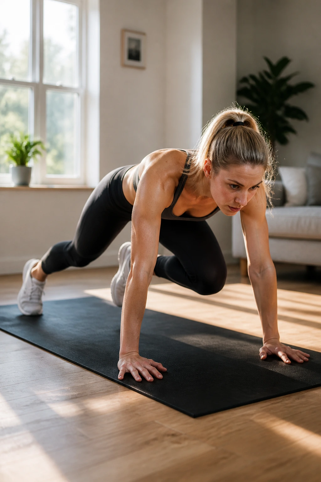 Mid-shot of a person performing mountain climbers during a 15-Minute AMRAP Sweat Session