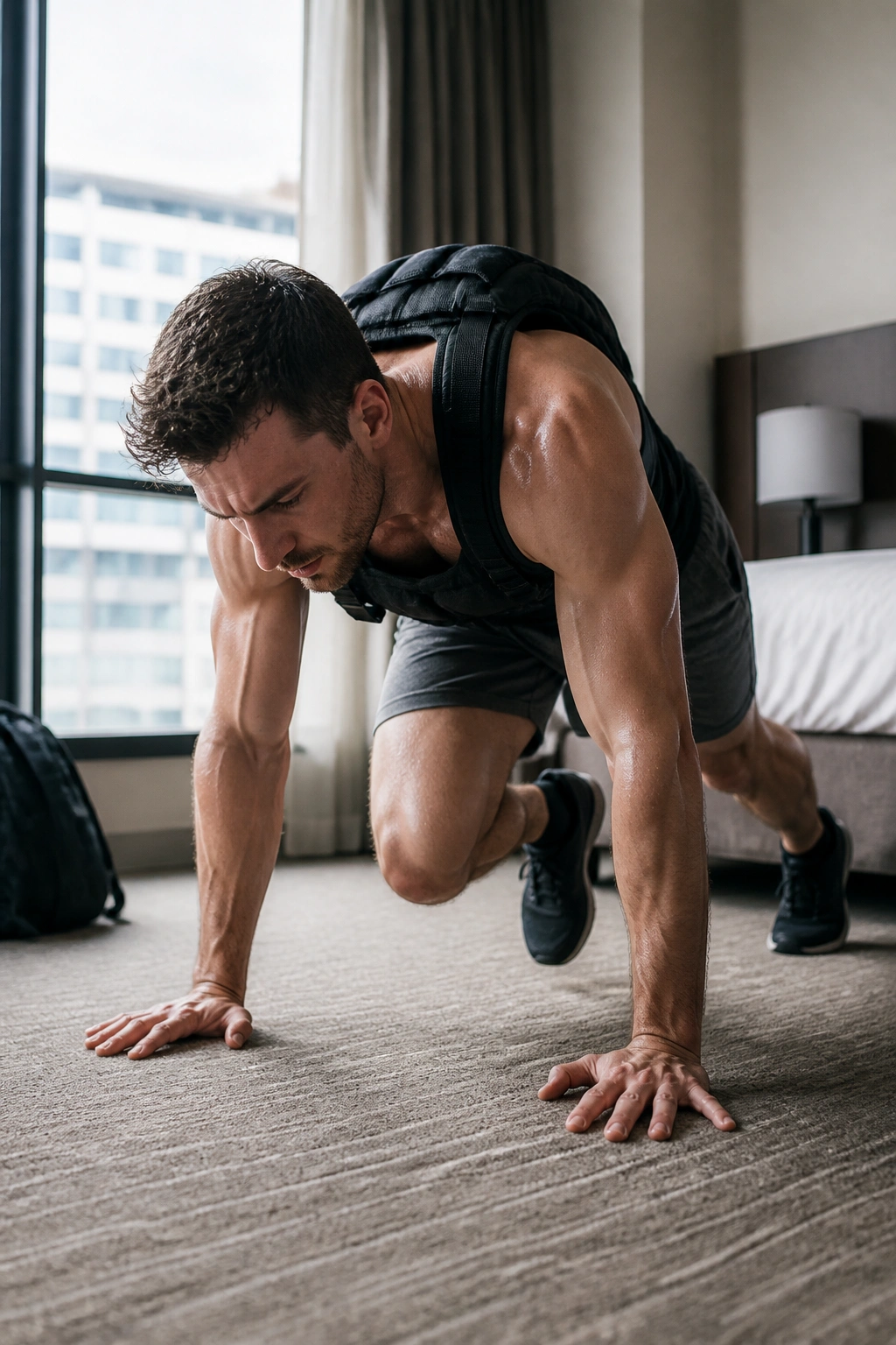 Real person performing travel-friendly circuit in a hotel room or park