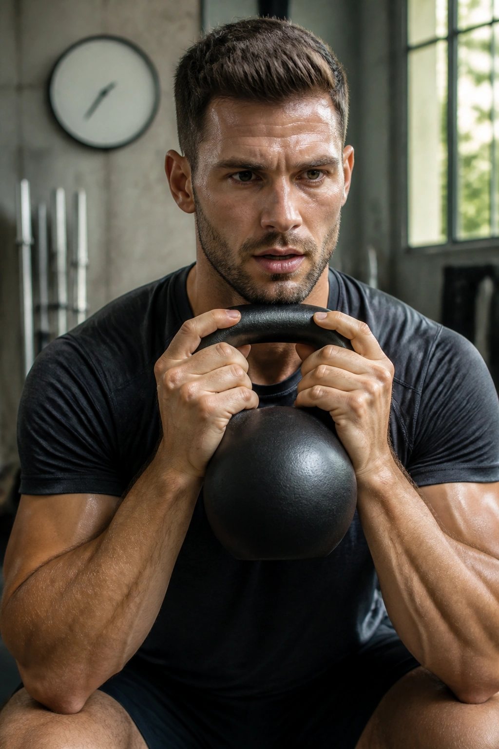 Athlete performing AMRAP circuit in gym with clock behind