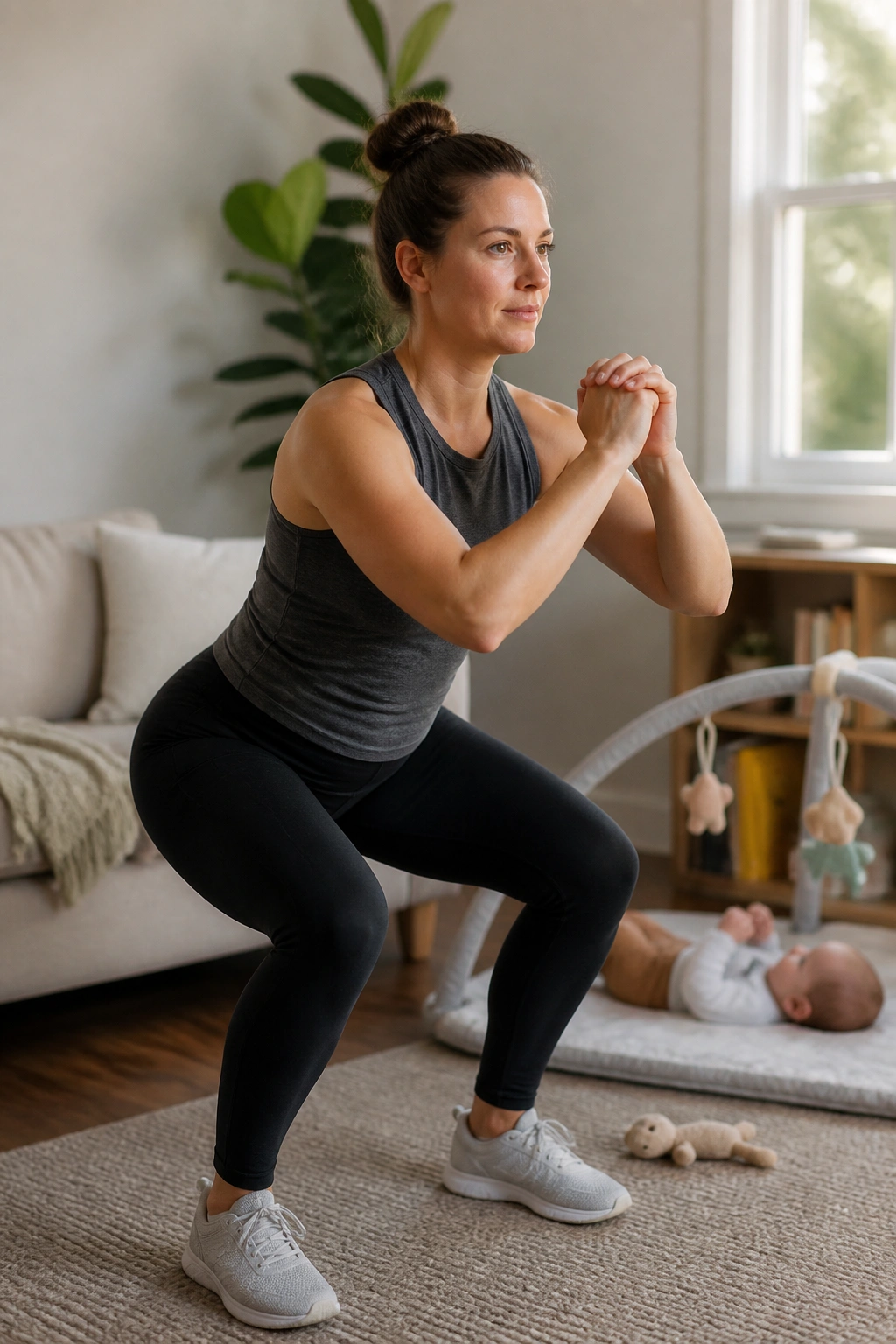 Real person performing a simple anchor workout at home.