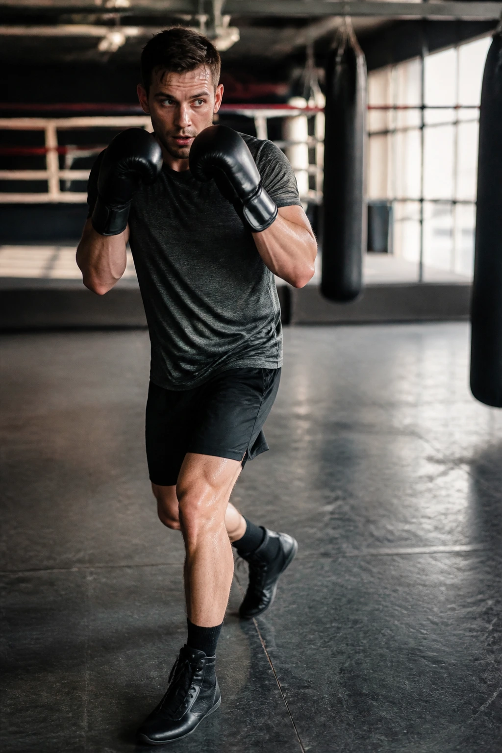 Boxer performing angle-step and pivot drill with footwork